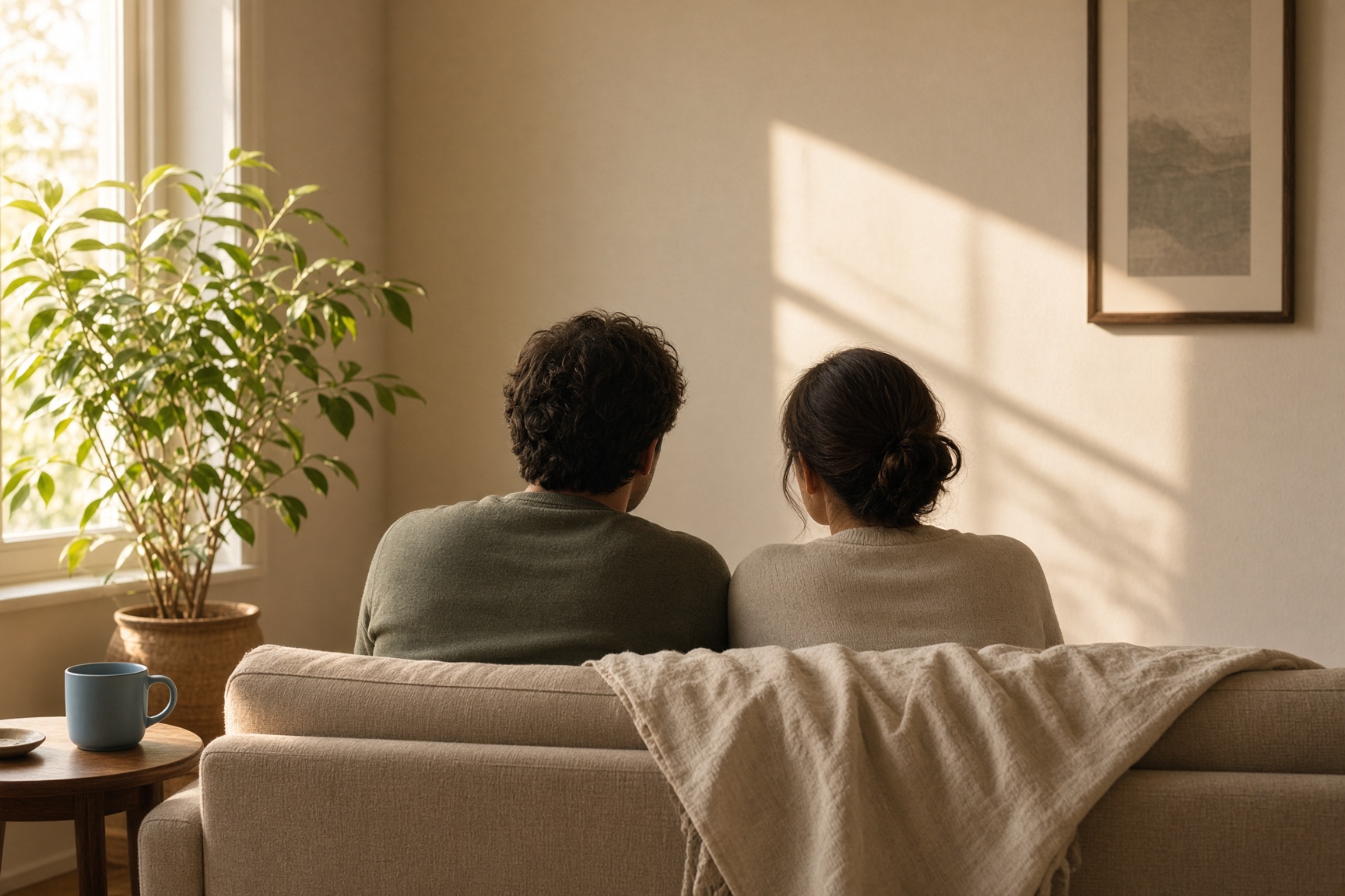 Two people talking on a sofa, seen from behind, in a sunlit room