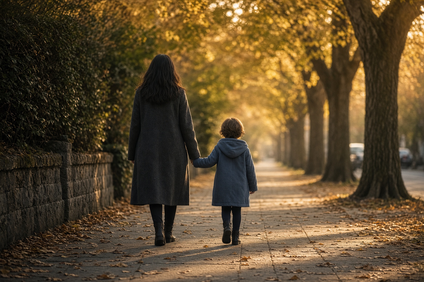 An adult and child walking away together down a tree-lined sidewalk