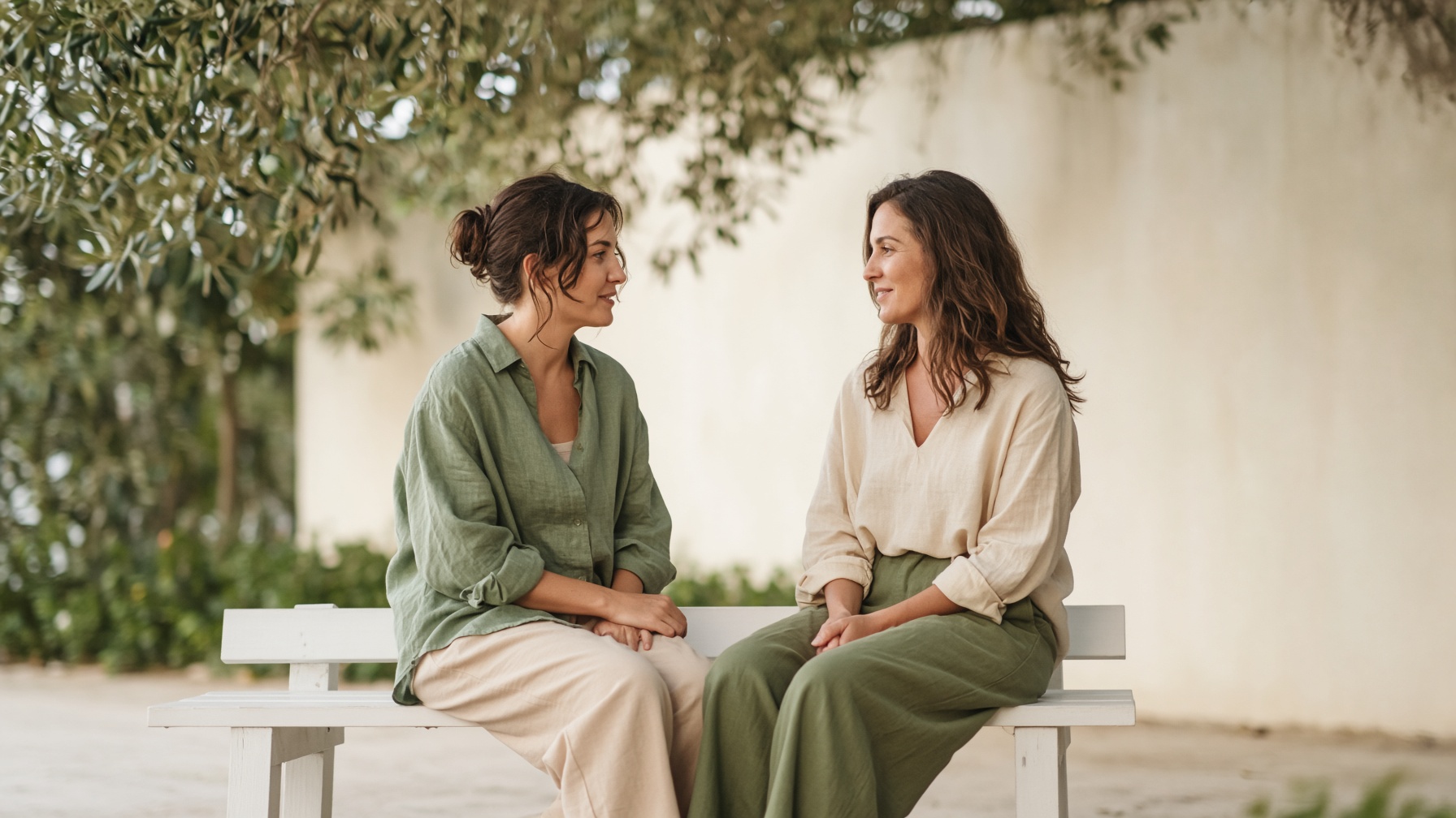 Two people talking quietly on a white bench in morning light