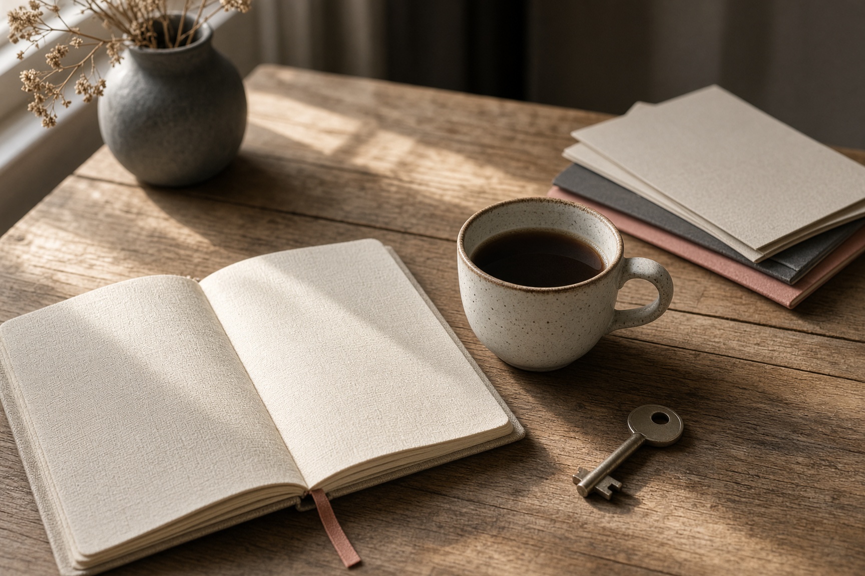 A quiet table with a notebook, coffee, and papers in window light