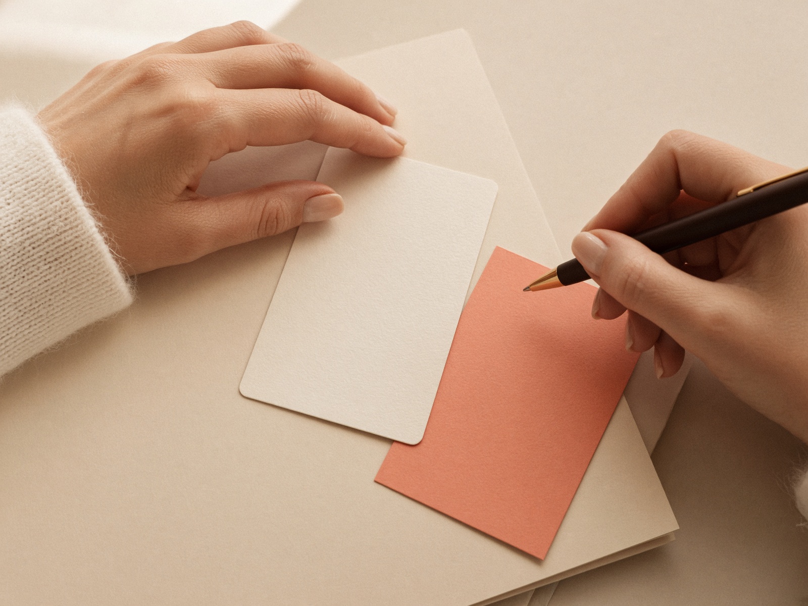 Hands arranging notes and a pen on a wooden table